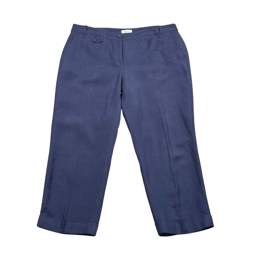 Ann Taylor Loft Original Navy Blue Linen Blend Straight Leg Crop Pants Womens 12